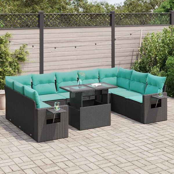vidaXL 10-delige Loungeset met kussens poly rattan acacia zwart