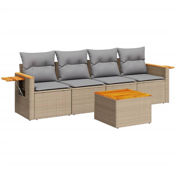 vidaXL 5-delige Loungeset met kussens poly rattan beige