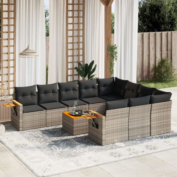 vidaXL 11-delige Loungeset met kussens poly rattan grijs