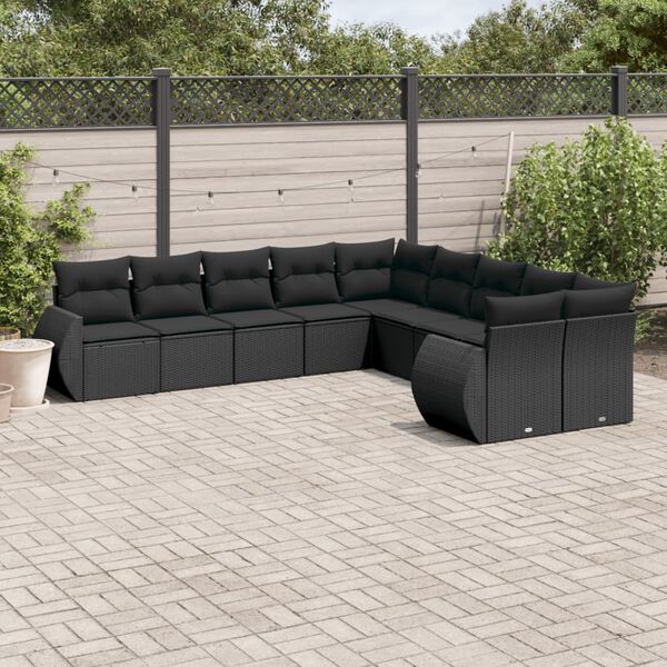 vidaXL 10-delige Loungeset met kussens poly rattan zwart