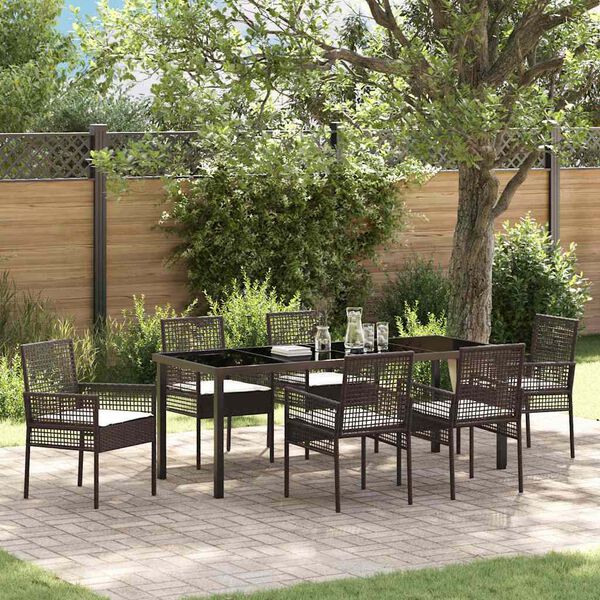 vidaXL Tuin eettafelset met kussen 7 pcs Bruin poly rattan