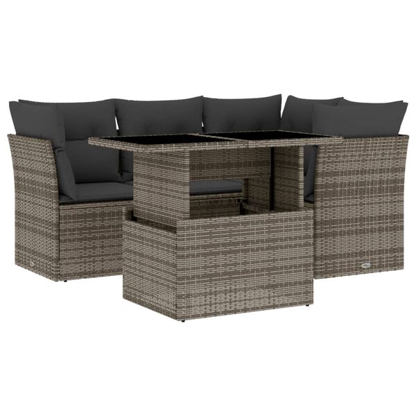 vidaXL 5-delige Loungeset met kussens poly rattan grijs