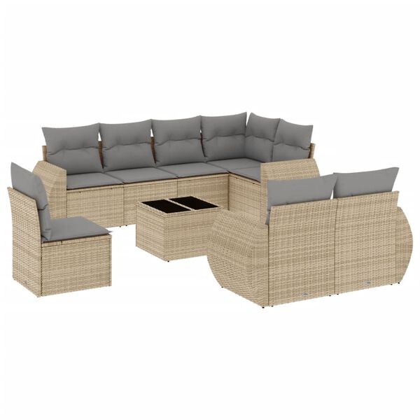 vidaXL 9-delige Loungeset met kussens poly rattan beige