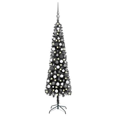 vidaXL Kunstkerstboom met verlichting en kerstballen smal 210 cm zwart