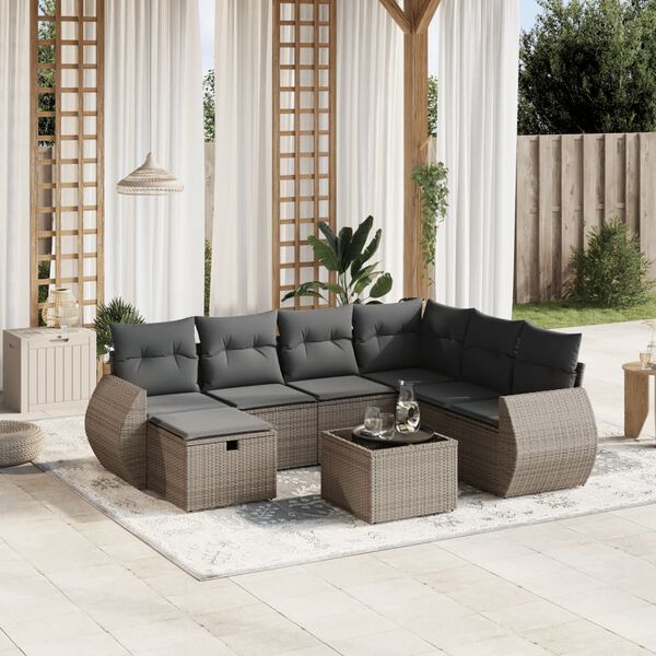 vidaXL 8-delige Loungeset met kussens poly rattan grijs