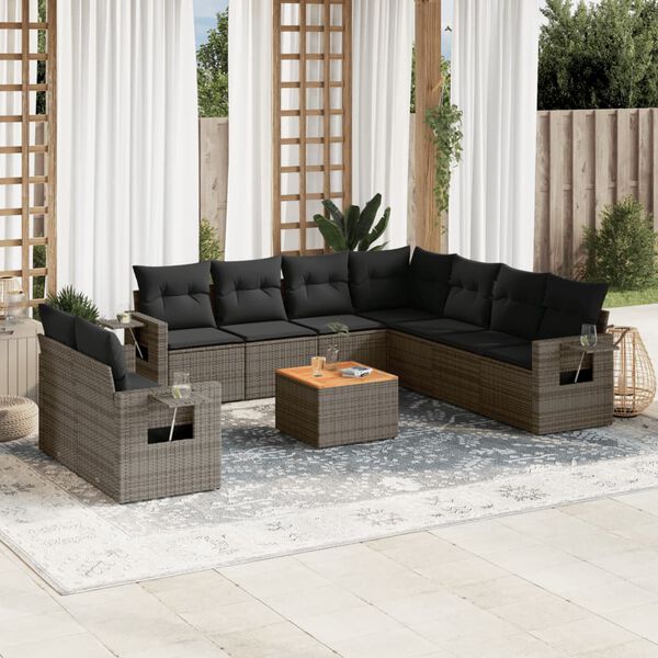 vidaXL 10-delige Loungeset met kussens poly rattan grijs