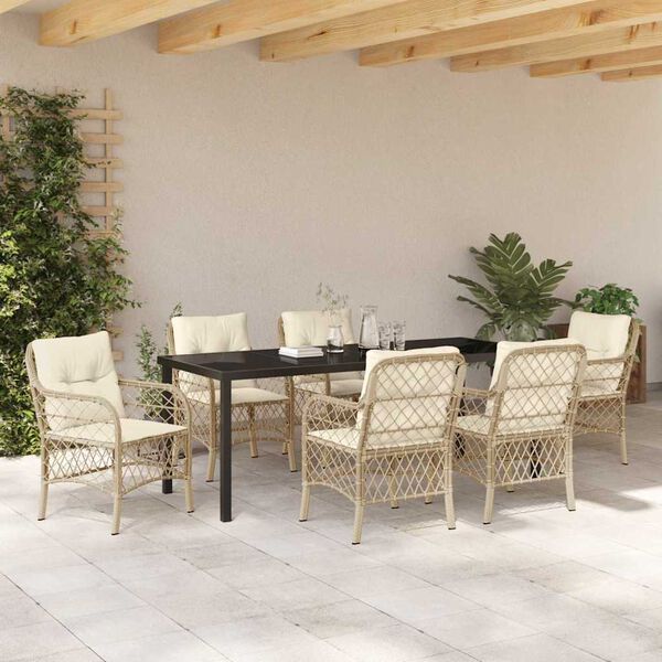 vidaXL Tuin eettafelset met kussen 7 pcs Beige poly rattan