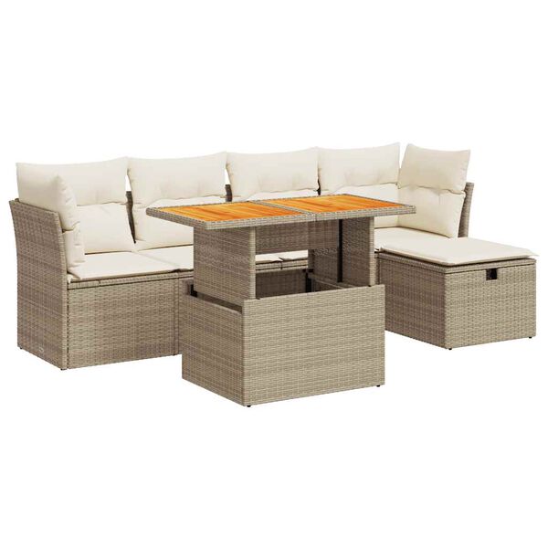 vidaXL 6-delige Loungeset met kussens poly rattan acacia beige