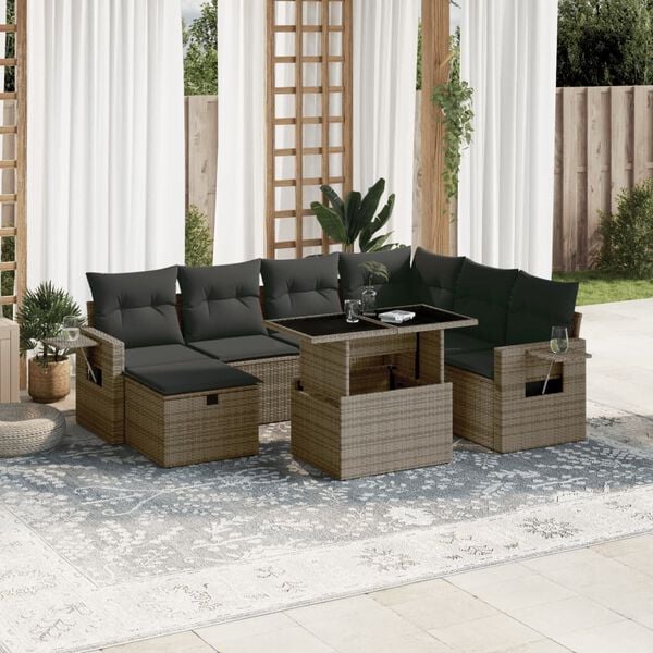 vidaXL 8-delige Loungeset met kussens poly rattan grijs