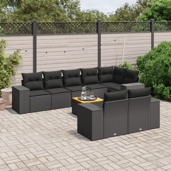 vidaXL 9-delige Loungeset met kussens poly rattan zwart