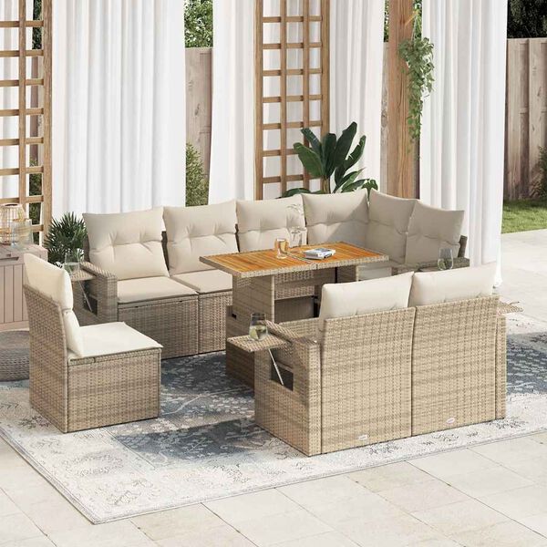 vidaXL 9-delige Loungeset met kussens poly rattan beige