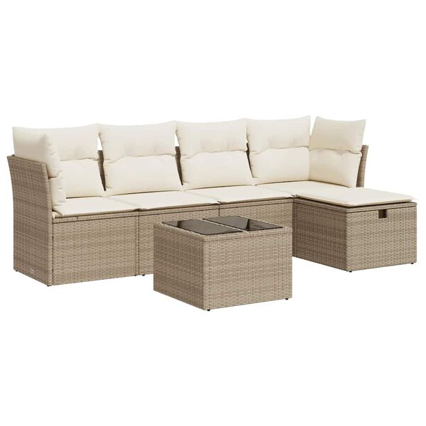 vidaXL 6-delige Loungeset met kussens poly rattan beige