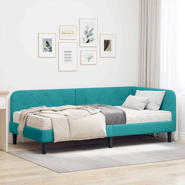 vidaXL Hoekbedframe met matras Turquoise 90 x 190 cm Fluweel