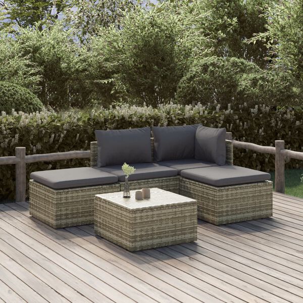 vidaXL 5-delige Loungeset met kussens poly rattan grijs