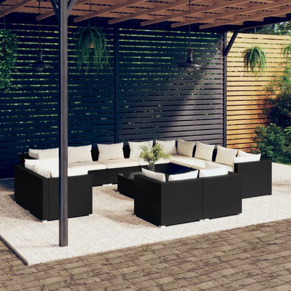 vidaXL 12-delige Loungeset met kussens poly rattan zwart