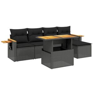 vidaXL 6-delige Loungeset met kussens poly rattan zwart