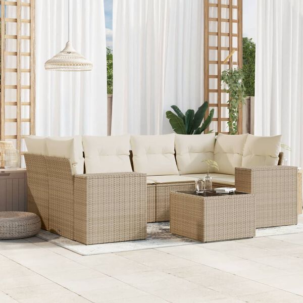vidaXL 7-delige Loungeset met kussens poly rattan beige