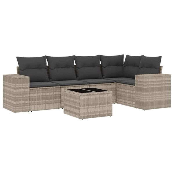vidaXL 6-delige Loungeset met kussens poly rattan lichtgrijs