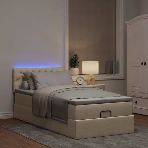 vidaXL Ottoman bed met matras en LED's 90x190cm stof cr&egrave;mekleurig