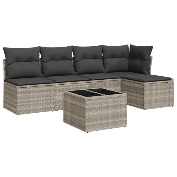 vidaXL 6-delige Loungeset met kussens poly rattan lichtgrijs