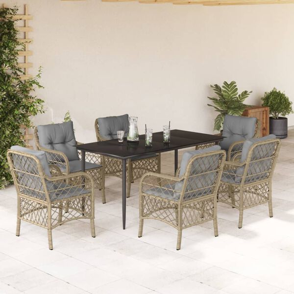 vidaXL 7-delige Tuinset met kussens poly rattan gemengd beige