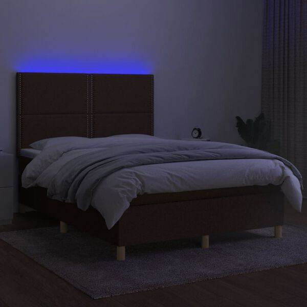 vidaXL Boxspring met matras en LED stof donkerbruin 140x200 cm