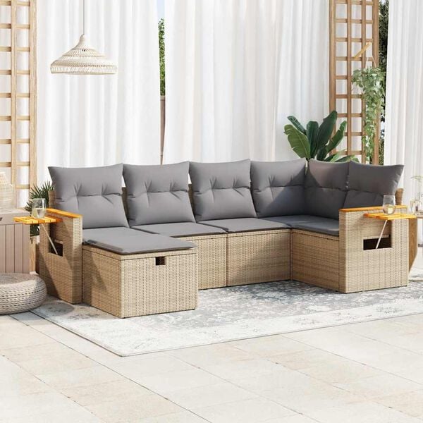 vidaXL 6-delige Loungeset met kussens poly rattan beige