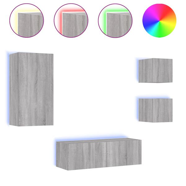 vidaXL 4-delige tv-wandmeubelset met LED-verlichting grijs sonoma