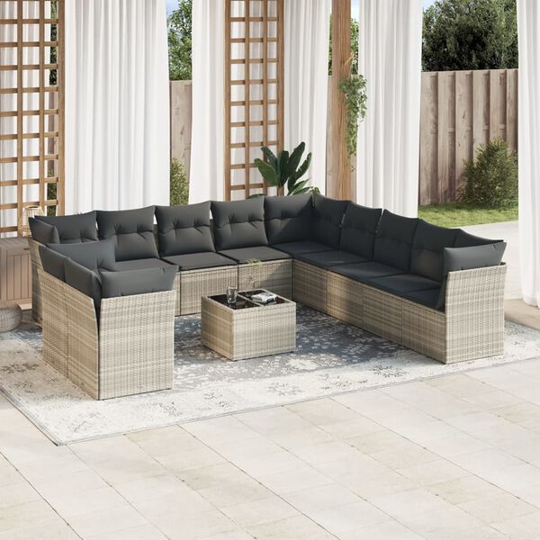 vidaXL 12-delige Loungeset met kussens poly rattan lichtgrijs