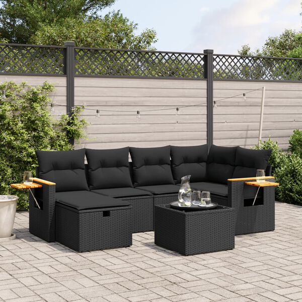 vidaXL 7-delige Loungeset met kussens poly rattan zwart