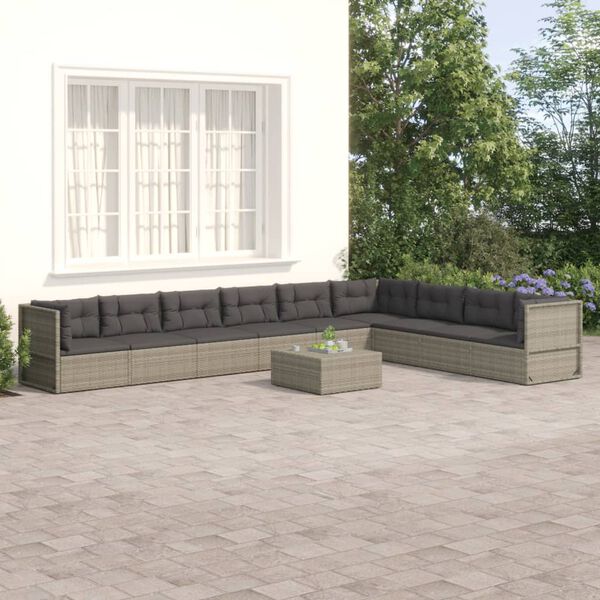 vidaXL 9-delige Loungeset met kussens poly rattan grijs