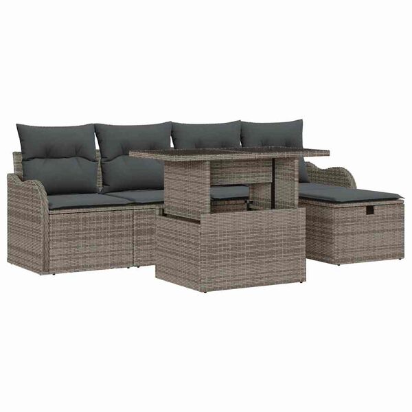 vidaXL Tuin Sofa Set met kussen met opslag 6 pcs Grijs Poly riet