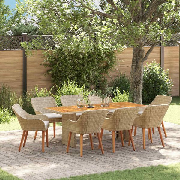 vidaXL Tuin Eetset met kussen 9 pcs Beige en bruin poly rattan
