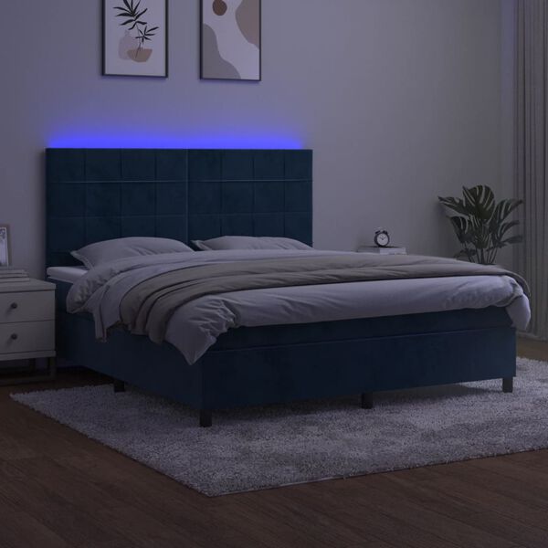 vidaXL Boxspring met matras en LED fluweel donkerblauw 180x200 cm