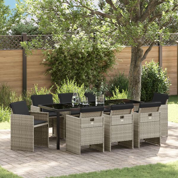 vidaXL Tuin eettafelset met kussen 9 pcs Lichtgrijs poly rattan