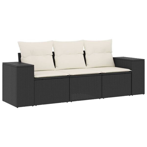 vidaXL 3-delige Loungeset met kussens poly rattan zwart