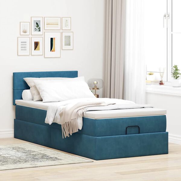 vidaXL Ottoman bed met matras en LED's 100x200 cm fluweel donkerblauw