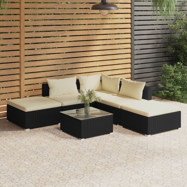 vidaXL 6-delige Loungeset met kussens poly rattan zwart