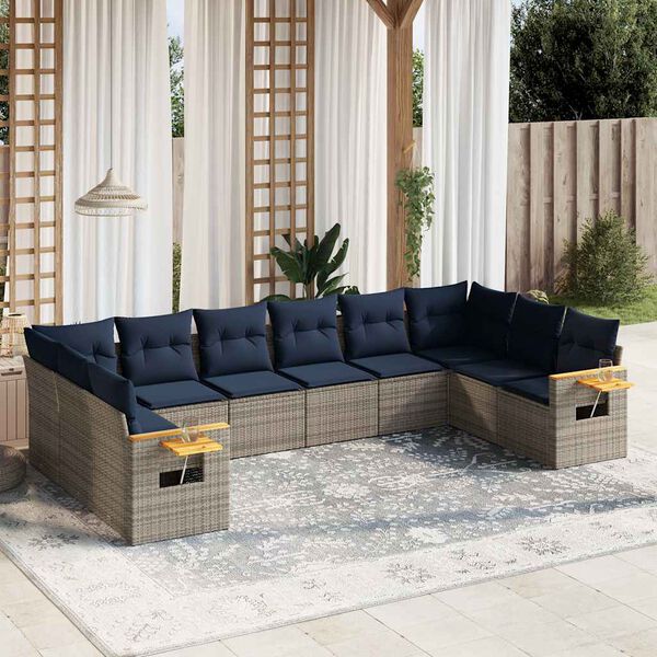 vidaXL 10-delige Loungeset met kussens poly rattan grijs