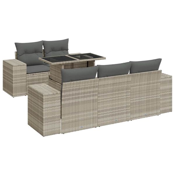 vidaXL 6-delige Loungeset met kussens poly rattan lichtgrijs