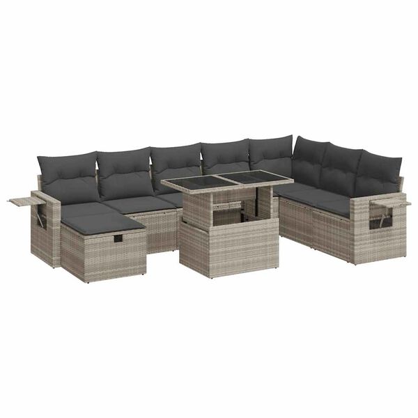 vidaXL 9-delige Loungeset met kussens poly rattan lichtgrijs