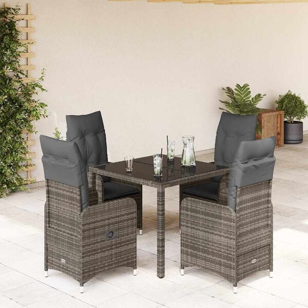 vidaXL 5-delige Bistroset met kussens poly rattan grijs