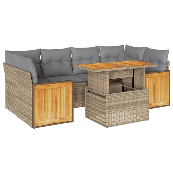 vidaXL 7-delige Loungeset met kussens poly rattan acacia beige