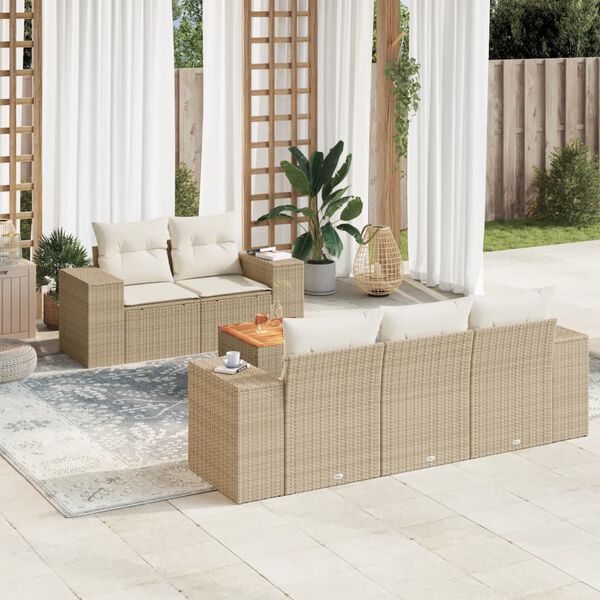 vidaXL 6-delige Loungeset met kussens poly rattan beige