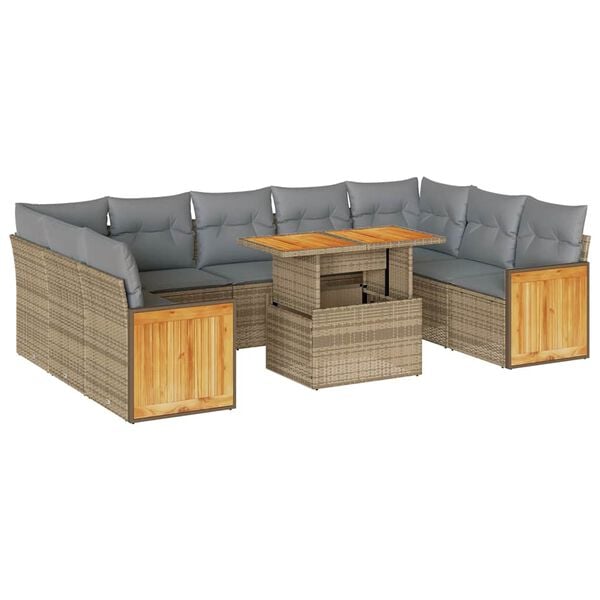vidaXL 10-delige Loungeset met kussens poly rattan acacia beige
