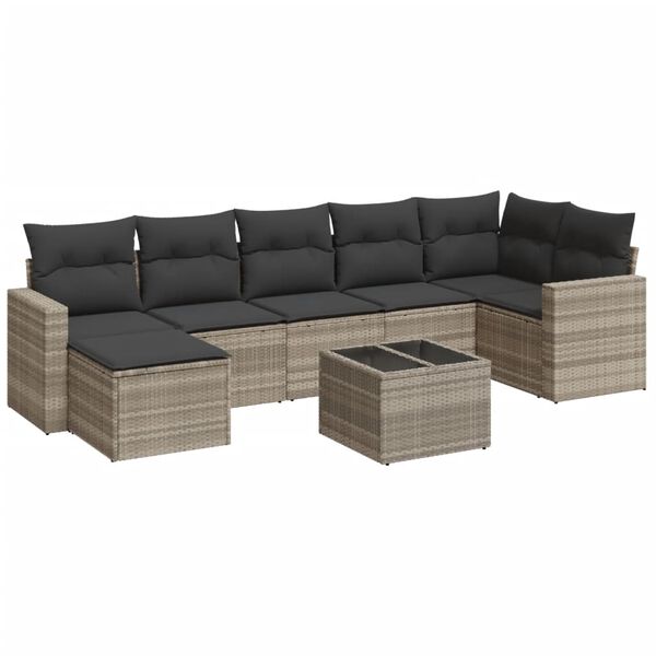 vidaXL 8-delige Loungeset met kussens poly rattan lichtgrijs