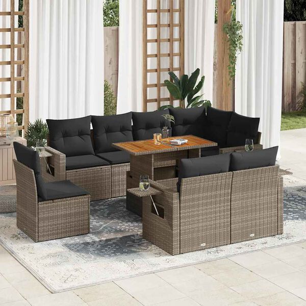 vidaXL 9-delige Loungeset met kussens poly rattan grijs