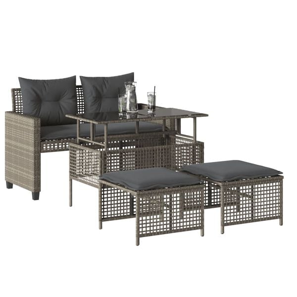 vidaXL 4-delige Loungeset met kussens poly rattan en glas lichtgrijs