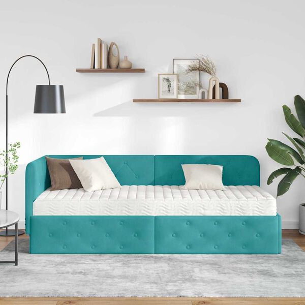 vidaXL Hoekbedframe met matras Turquoise 80 x 200 cm Fluweel