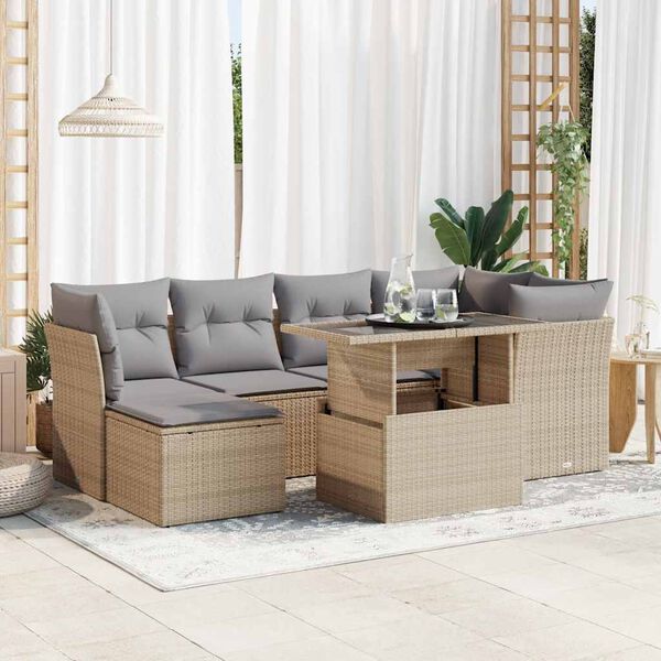 vidaXL 7-delige Loungeset met kussens poly rattan beige